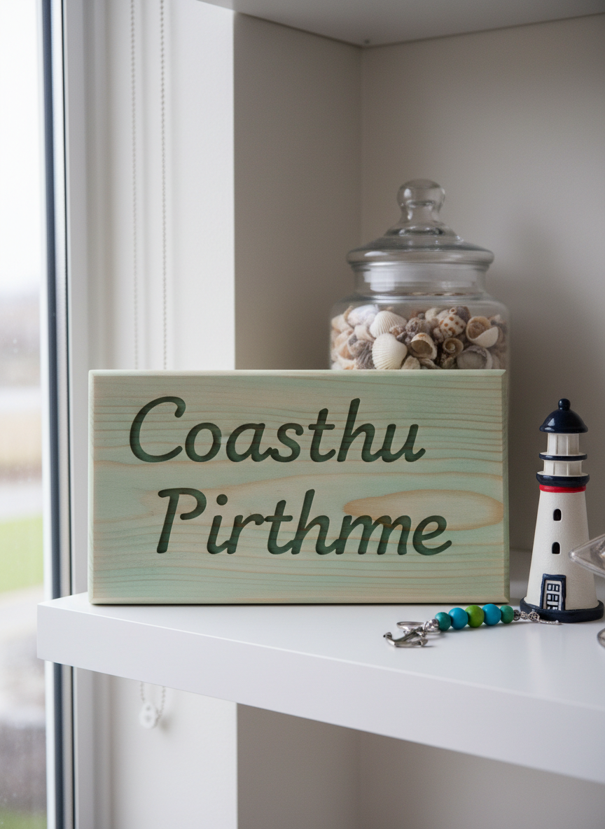 A personalized coastal wooden sign in photographic realism, made from smooth, light pine washed in a soft seafoam hue, rests on a simple white shelf. The sign features carved, unpainted lettering channels that catch tiny shadows, clearly showing its custom nature without readable text. Around it sit a cluster of small décor pieces: a glass jar filled with shells, a miniature lighthouse figurine, and a single beaded keychain echoing the jewelry collection. Diffused overcast daylight from a large window bathes the scene, creating even, gentle lighting with minimal harsh shadows. Shot straight-on at eye level with a clean, centered composition, the atmosphere feels welcoming and playful, ideal for showcasing personalized sign options and custom order possibilities.