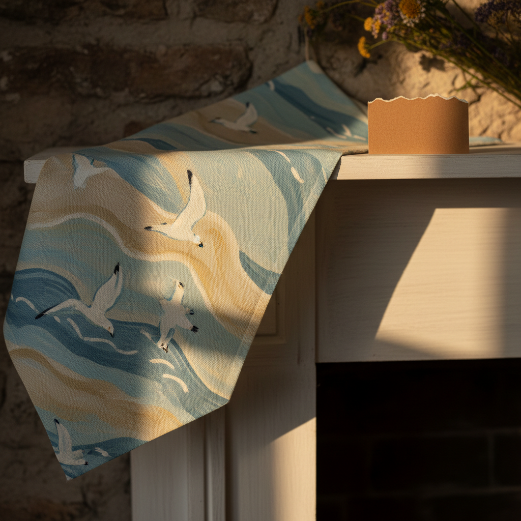 A close-up, photographic shot of a coastal-themed hand-painted fabric banner draped across a rustic whitewashed mantel. The banner features pastel blues, sandy beiges, and sunny yellows, with charming gull silhouettes and simple wave motifs, the brushstrokes and fabric texture clearly visible. Beside it, a small price tag card-shaped piece of blank kraft paper lies on the mantel, hinting at product detail and pricing without any text. Golden afternoon sunlight filters through an unseen window, casting soft, elongated shadows and giving the scene a warm, playful glow. Composed at a slight angle with the banner leading diagonally through the frame, the background softly blurred to keep focus on the banner’s craftsmanship and coastal charm.