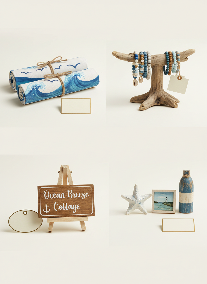 A photographic, ecommerce-style product display of assorted Three Gulls Creative Co. items arranged as if on an online shop’s main collection page. On a seamless off-white backdrop, four distinct clusters are spaced evenly: a set of hand-painted banners rolled and tied with twine, a group of beaded bracelets on a small driftwood stand, a single personalized wooden sign on a mini easel, and a trio of custom coastal décor pieces like starfish-shaped ceramics and tiny framed seascapes. Each cluster has a small blank card or tag positioned beside it, visually suggesting pricing and product details. Bright, soft studio lighting eliminates harsh shadows, ensuring every texture and color pops. The composition is clean, airy, and playful, evoking a polished yet handmade coastal boutique ready for browsing and ordering.