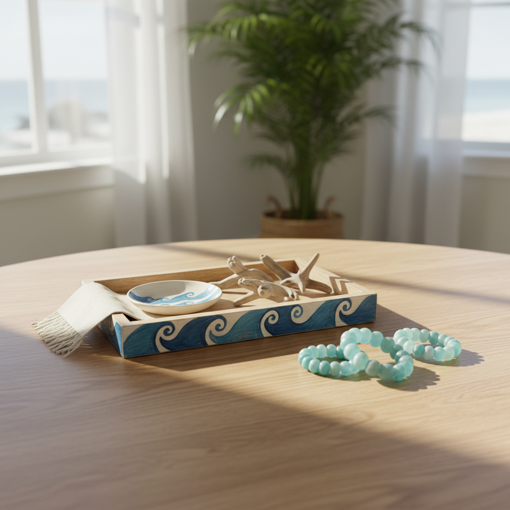 A cozy tabletop scene in photographic realism showcasing a curated set of custom coastal décor ready for purchase. On a light oak table near a bright window, a small hand-painted wooden tray with wave patterns holds a matching ceramic dish, a cluster of tiny driftwood sculptures, and a single folded fabric banner corner peeking out. A few beaded napkin rings in sea-glass colors are grouped to imply a set with subtle spatial separation, hinting at individual pricing without any text. Soft midday natural light floods the scene, creating gentle highlights and muted shadows. Captured from a slightly elevated angle using the rule of thirds, the background shows a softly blurred glimpse of a beachy, light-filled room, reinforcing the playful, coastal atmosphere.
