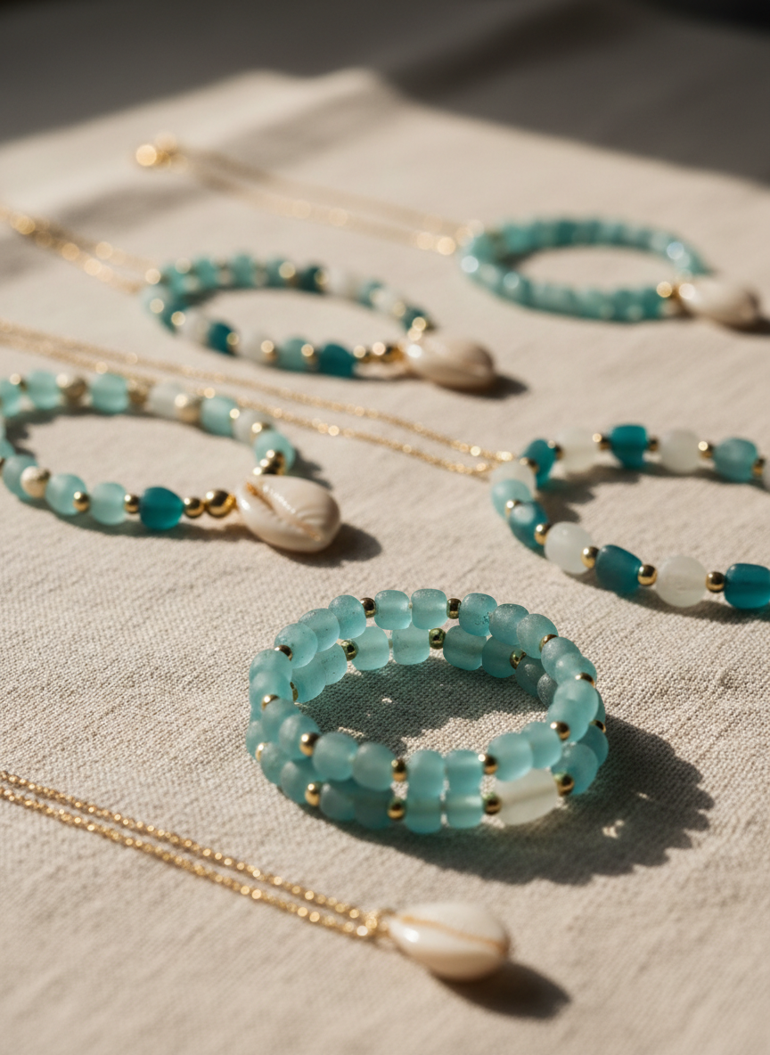 An intimate macro photograph of handmade coastal beaded jewelry displayed on a pale linen cloth that resembles sun-dappled sand. Several bracelets and necklaces feature sea-glass beads in aqua, teal, and frosted white, mixed with tiny gold accents and natural shell beads, each piece arranged with small gaps to suggest individual pricing and product grouping. Light reflects gently off the smooth beads, creating tiny sparkles. Soft morning light from a nearby window creates a calm, inviting atmosphere, with a shallow depth of field that keeps the front row of jewelry in crisp focus while the rest gradually blurs. The mood is playful yet refined, highlighting texture, color, and detail perfect for an online shop product gallery.