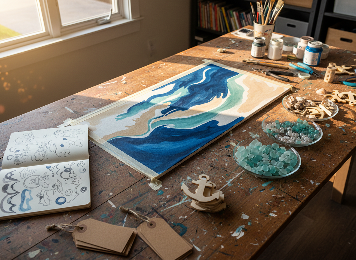 A niche, behind-the-scenes style photographic image showing the creative workspace for Three Gulls Creative Co., without any people. On a wide, weathered worktable, a partially painted banner is taped down beside trays of sea-glass-colored beads, tiny shells, and small unfinished wooden signs. A sketchbook lies open with abstract coastal shapes, no readable text, next to a few blank kraft tags that imply future product labels and pricing. Late afternoon sunlight streams in from a nearby window, creating dappled light and gentle shadows across brushes, paint jars, and jewelry-making tools. Shot from a high, slightly angled perspective, the scene feels lively and playful, capturing the process of designing custom décor and personalized pieces, reinforcing the brand’s handcrafted, coastal charm.