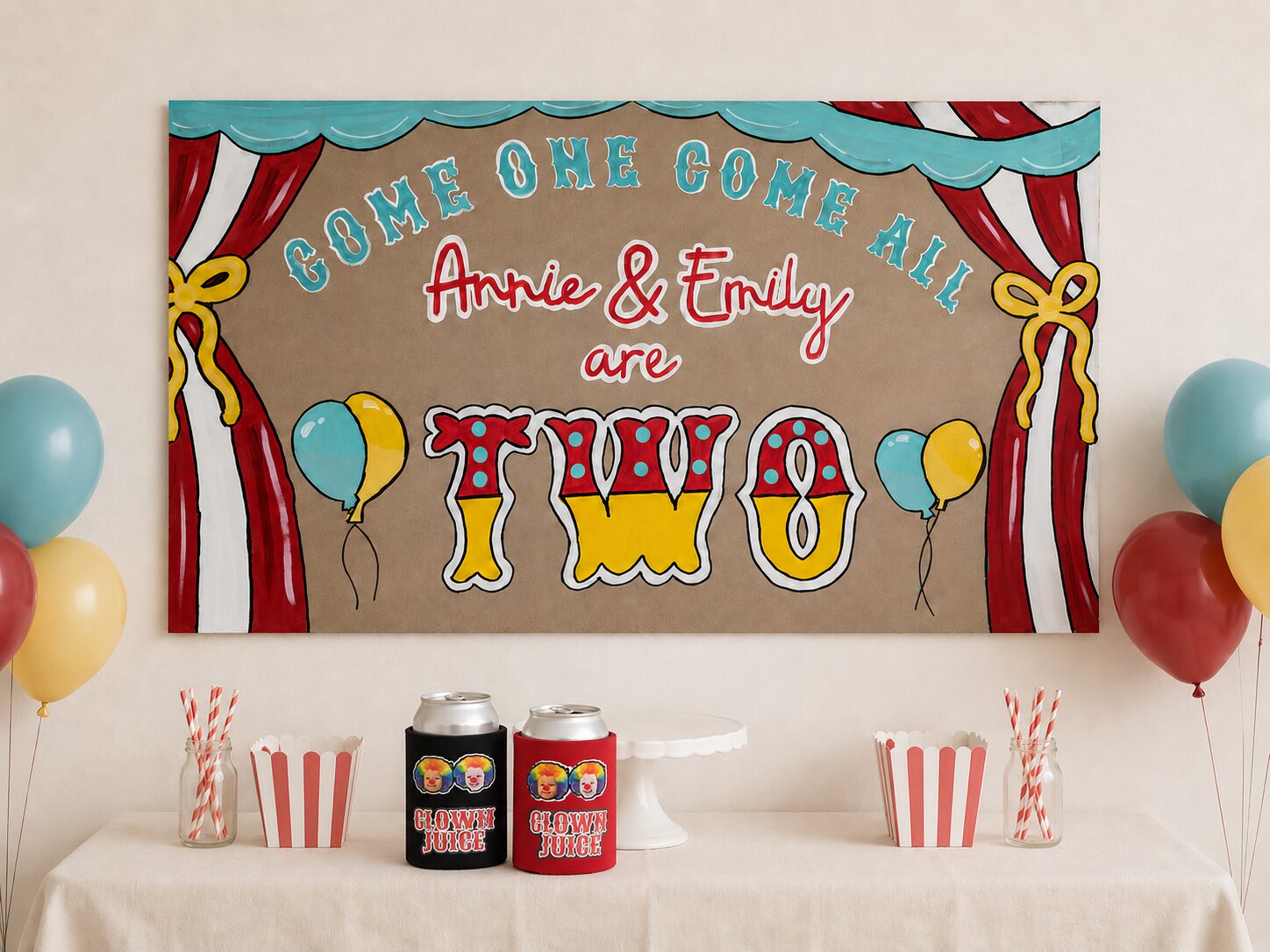 Come One Come All circus banner for Annie and Emily’s second birthday