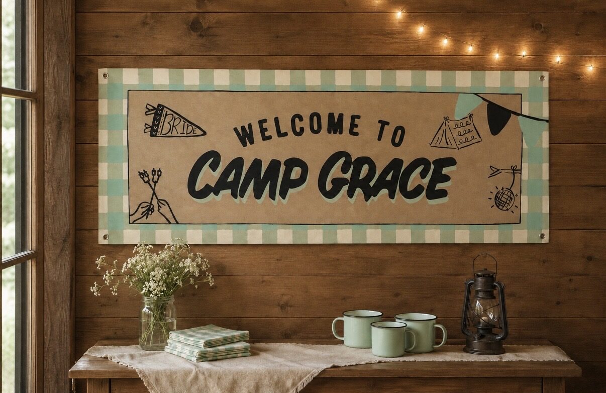 Welcome to Camp Grace banner with a mint gingham border