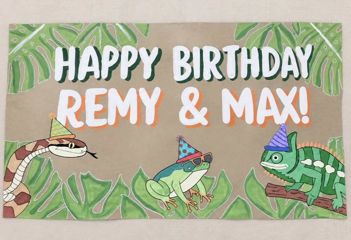 Hand-painted jungle birthday banner for Remy and Max with a snake, frog and chameleon in party hats