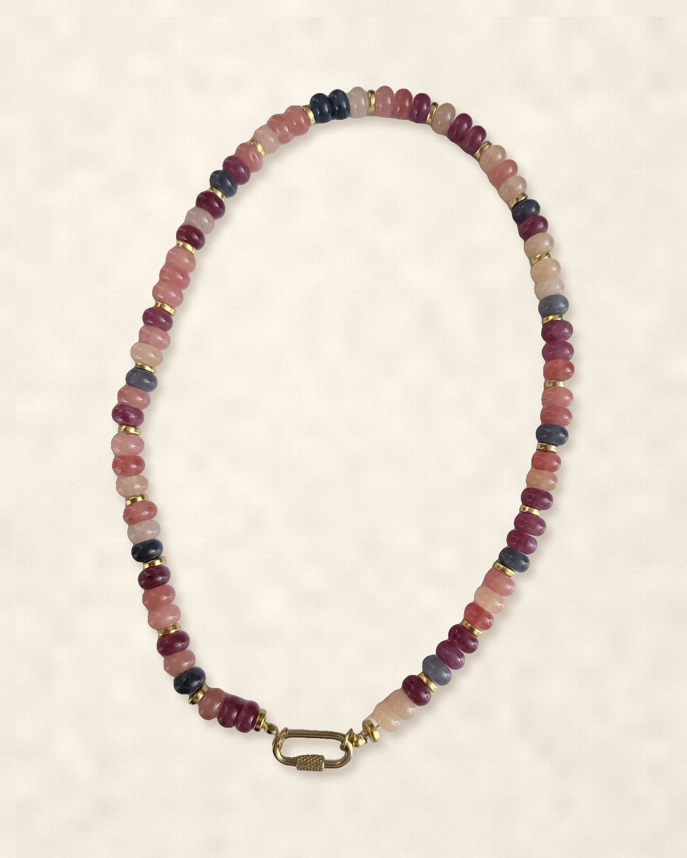 Berry and blush gemstone necklace with a gold carabiner clasp