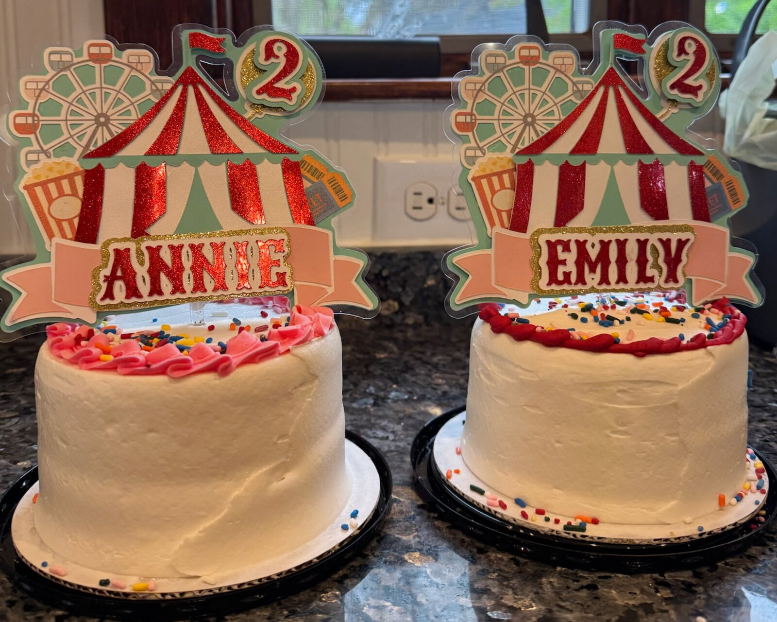 Layered circus cake toppers for Annie and Emily’s second birthday