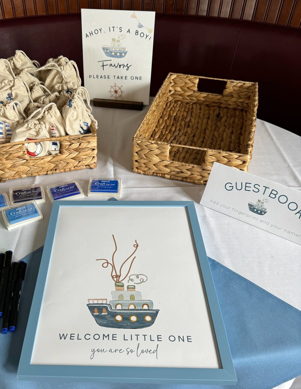 Nautical baby shower favors sign and fingerprint guestbook frame